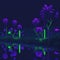 Tropical Futuristic Sci-Fi Garden, Party Club dance Mood, Retro Feeling With Neon Tube Lights Trough Palm Tees, Beach, Generative