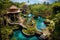 Tropical garden with pond and waterfall,3d render, Exotic oasis in bali, a tropical swimming pool, nestled amidst the breathtaking