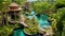 Tropical garden with pond and waterfall,3d render, Exotic oasis in bali, a tropical swimming pool, nestled amidst the breathtaking