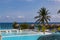 Tropical garden and pool overlooking the Caribbean sea as seen in Montego Bay Lucea Jamaica