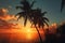 Tropical getaway palm tree silhouettes against a vibrant orange sunset