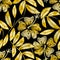 Tropical gold embroidery hibiscus plant in a seamless pattern