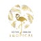 Tropical golden triangular emblem. Exotic logo with flamingos and palm leaves.