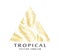 Tropical golden triangular emblem with palm leaves. Exotic logo with golden texture.