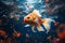 Tropical goldfish betta swimming in deep ocean