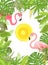 Tropical green flowers frame with pair of pink flamingo