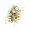 Tropical green palm leaf, lyme and cracked coconut on white background. Nature concept. flat lay, top view