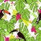 Tropical hand draw seamless pattern with monstera leaves, parrots - toucans, pink tropic flowers, mixed with paint drops