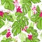 Tropical hand draw seamless pattern with monstera leaves, parrots - toucans, pink tropic flowers, mixed with paint drops