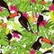 Tropical hand draw seamless pattern with monstera leaves, parrots - toucans, pink tropic flowers, mixed with paint drops