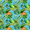 Tropical Hawaii leaves palm tree and kiwano pattern in a watercolor style.