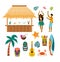 Tropical Hawaii summer vacation drawing set - tiki bar and people