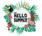 Tropical Hello Summer Poster Design with Space for Text in the Middle with 3D Realistic, Tropical Leaves
