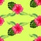 Tropical hibiscus flowers and palm leaves bouquets seamless pattern