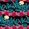 Tropical hibiscus and palm tree at night seamless pattern