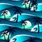 Tropical hibiscus and palm trees at sunset seamless pattern