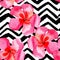 tropical hibiscus watercolor pattern, black and white zigzag background