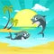 Tropical holiday destination landscape with cute dolphin character playing vector illustration