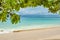 Tropical holiday, a tropical beach with turquoise water and light sand framed by leaves of tropical tree