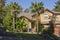 Tropical home with palm trees and banana tree.