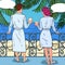 Tropical Honeymoon. Happy Couple Drinking Coffee at the Balcony of Beach Hotel. Pop Art illustration