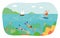 Tropical hot country underwater sport, people character together diving and water skiing sport flat vector illustration