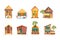 Tropical houses. Bungalow beach buildings island home for summer vacation vector flat pictures collection