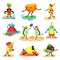 Tropical humanized fruit characters spending time on the beach set, fruits relaxing, swimming, sunbathing, playing