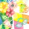 Tropical illustration with sunbath accessories and colorful exotic plants