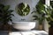 tropical interior design clean white home sink bathroom green leaf plant. Generative AI.