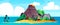 Tropical island background. Sea beach landscape with sand mountain palm trees, coastline panorama cartoon style, summer