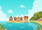 Tropical island coast line landscape with wooden beach house huts