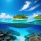 Tropical Island And Coral Reef Split View With Beautiful underwater view of lone small island above and below the water