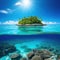 Tropical Island And Coral Reef Split View With Beautiful underwater view of lone small island above and below the water