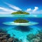 Tropical Island And Coral Reef Split View With Beautiful underwater view of lone small island above and below the water