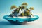 Tropical Island Floating on Blue Ocean, Exotic Paradise Resort Landscape, Cliffs and Jungles