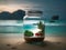 Tropical island in a glass jar on the seashore. Generative Ai.