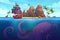 Tropical island landscape with pirate ship sailing for treasure and underwater octopus