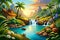 tropical island nature scene with palm trees and a hut or house with flowing water artwork. beautiful relaxing nature scenery with