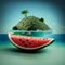 Tropical Island with palm trees in the ocean, watermelon on the beach, summer holiday feeling, generative AI