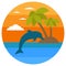 Tropical island, palms, dolphin. Summer Banners with marine symbols. Vector illustration. Tropical sunset. I love summer concept.