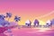 Tropical island pink sunset landscape. Vector cartoon illustration. Palms, beach and bungalows in the ocean.