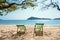 Tropical island scene with beach lounges on sand. Sunny day of tourists with swimming and deck chair near an ocean