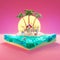 Tropical island sea, sunset deck chairs under umbrella on a beach. Travel concept 3d low poly illustration