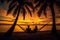 Tropical island sunset with silhouettes of palm trees and a couple relaxing in hammocks, evoking a sense of tranquility and bliss