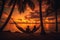 Tropical island sunset with silhouettes of palm trees and a couple relaxing in hammocks, evoking a sense of tranquility and bliss