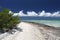 Tropical Island with tiny shells on the beach in turquoise water lagoon