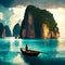 Tropical island with traditional longtail boat in Krabi,