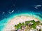 Tropical island with tropical beach and crystal ocean, aerial view. Gili islands