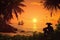 tropical island, with view of sun setting over the horizon, and pirate enjoying peaceful moment